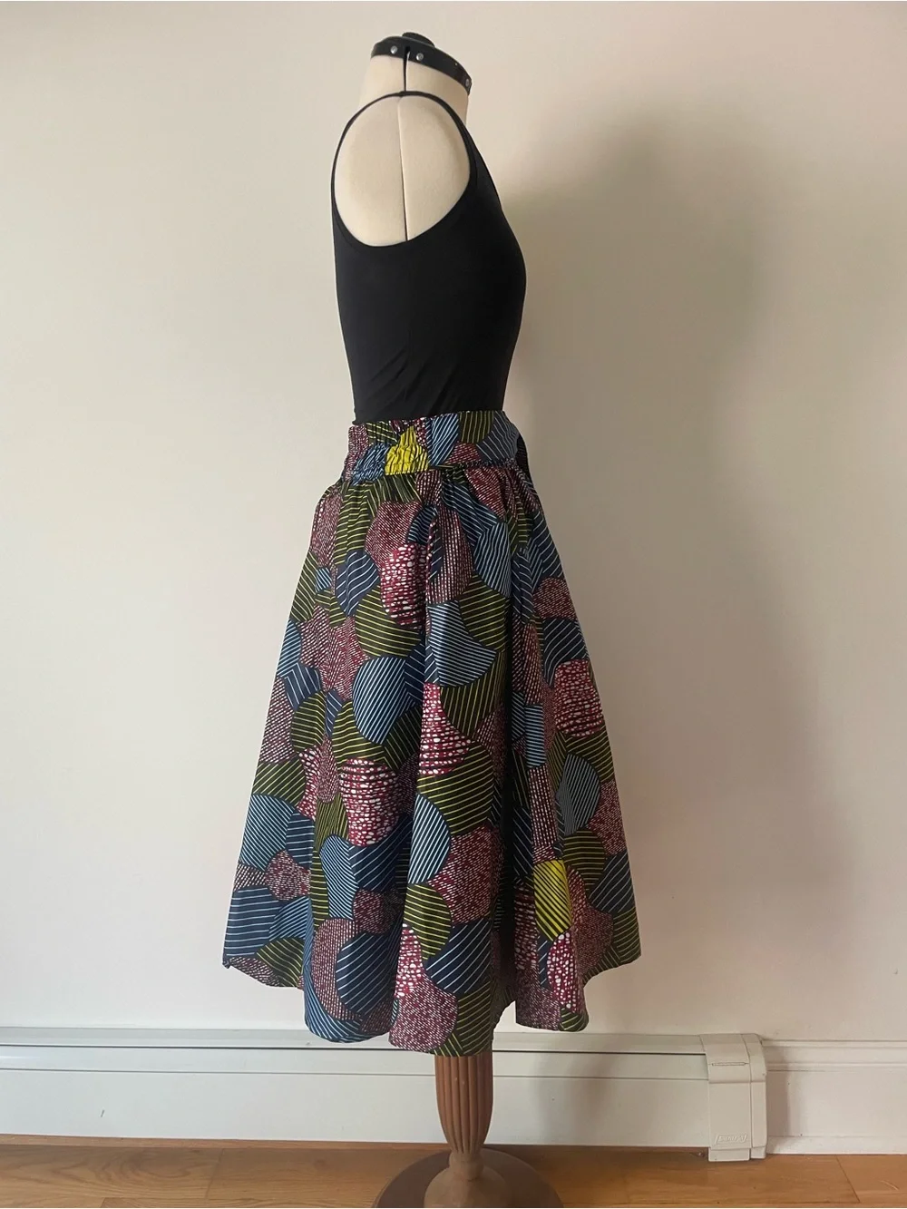 Printed Midi Skirt in Blue, Olive, Black & Red with matching scarf - Picture 3 of 8